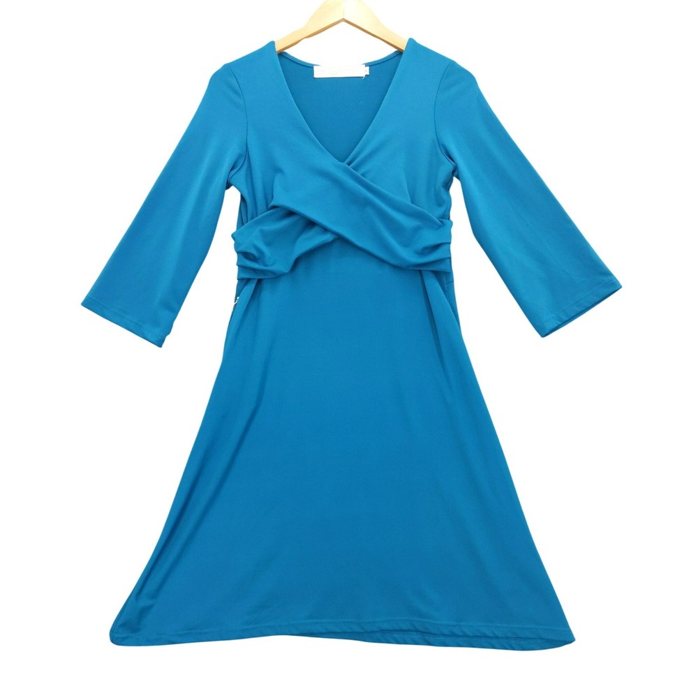 Tracy Negoshian‎ Crossover Dress Womens Large Teal Blue 3/4 Sleeve